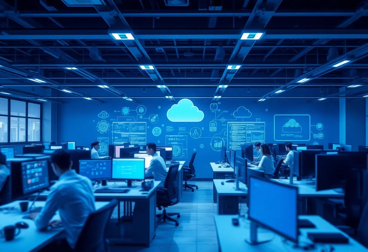 Enterprise software development center with multiple development teams working on large-scale digital transformation projects + modern tech stack visualization with cloud infrastructure diagrams + color: dominant #0042aa with corporate blue accents, professional lighting + style: clean flat design illustration, corporate minimalist aesthetic + safety: absolutely no text, no words, no letters, no numbers, no typography, no labels, no captions, no signs with writing