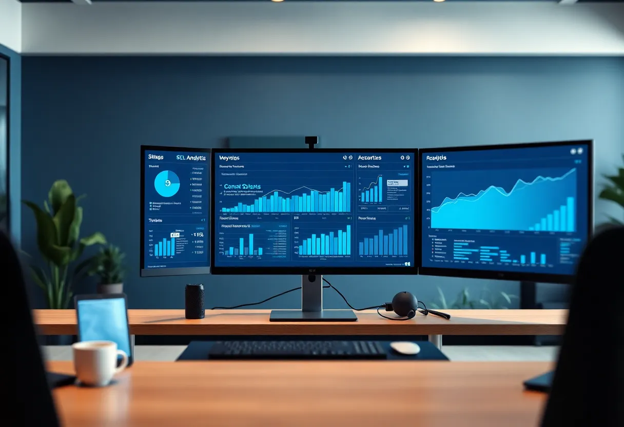 Comprehensive SaaS analytics dashboard showing keyword research, competitor analysis, and SEO metrics for PME business growth + modern workspace with multiple monitors displaying data visualizations + color: dominant #0042aa tones with accent blues and white space, clean gradients + style: clean flat design illustration, professional, minimalist + safety: absolutely no text, no words, no letters, no numbers, no typography, no labels, no captions, no signs with writing