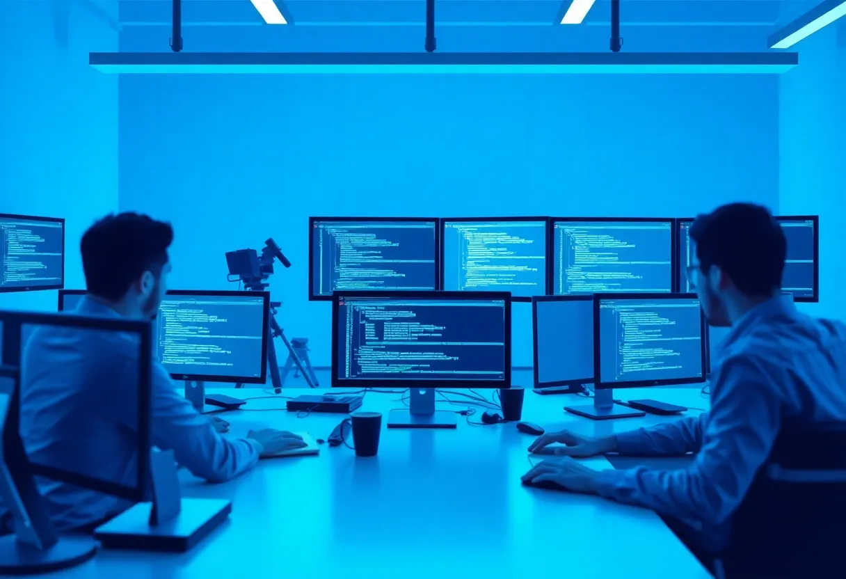Software development team building custom digital solutions, SaaS platforms, and automation systems for SME businesses, showing code architecture, cloud infrastructure, and integration workflows on multiple screens, modern tech workspace with blue #0042aa color scheme, clean flat design illustration, professional minimalist aesthetic, no text, no words, no letters, no numbers, no typography, no labels, no signs