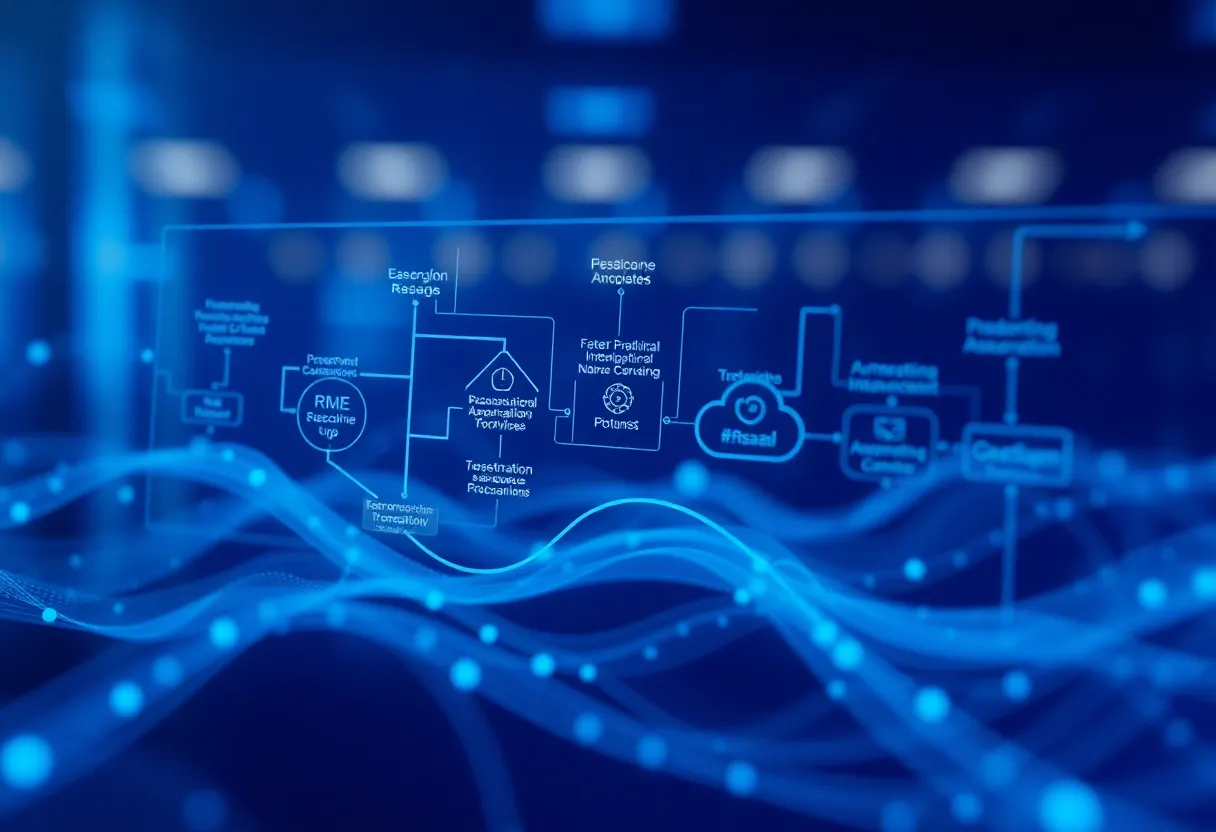 Digital transformation strategy roadmap with interconnected nodes representing business processes, automation workflows, and cloud integration, PME business context with modern tech stack visualization, blue #0042aa dominant color with gradient accents, clean flat design illustration, professional minimalist, no text, no words, no letters, no numbers, no typography, no signs, no labels